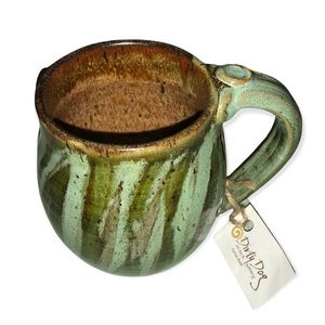 Brown & Two-Tone Green Striped Pottery Mug Pale/& Dark/Olive Green Coffee Cup
